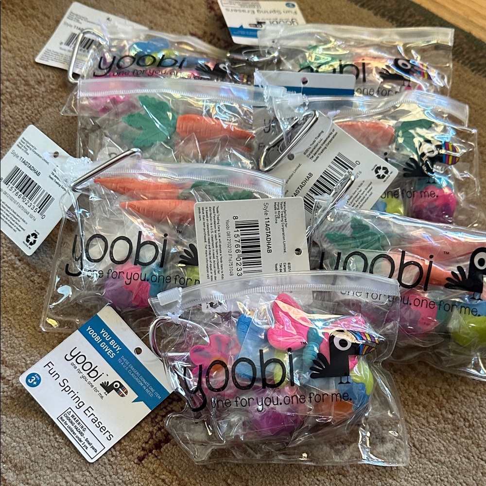 Yoobi Clear Pouch of Bright Spring Erasers - Pink Blue Green Orange Yellow